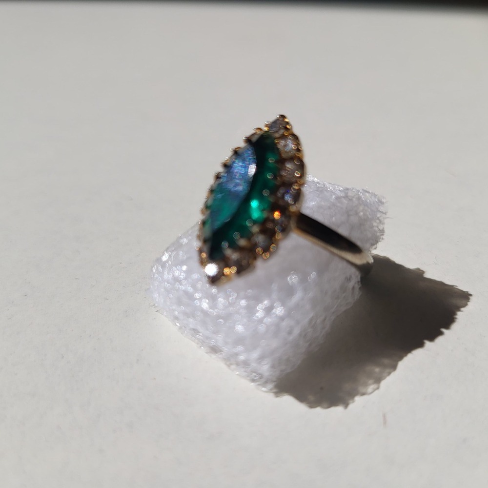 Vintage Marquise Emerald Green Glass Rhinestone Cocktail Ring Size 6 Silver - Picture 8 of 10